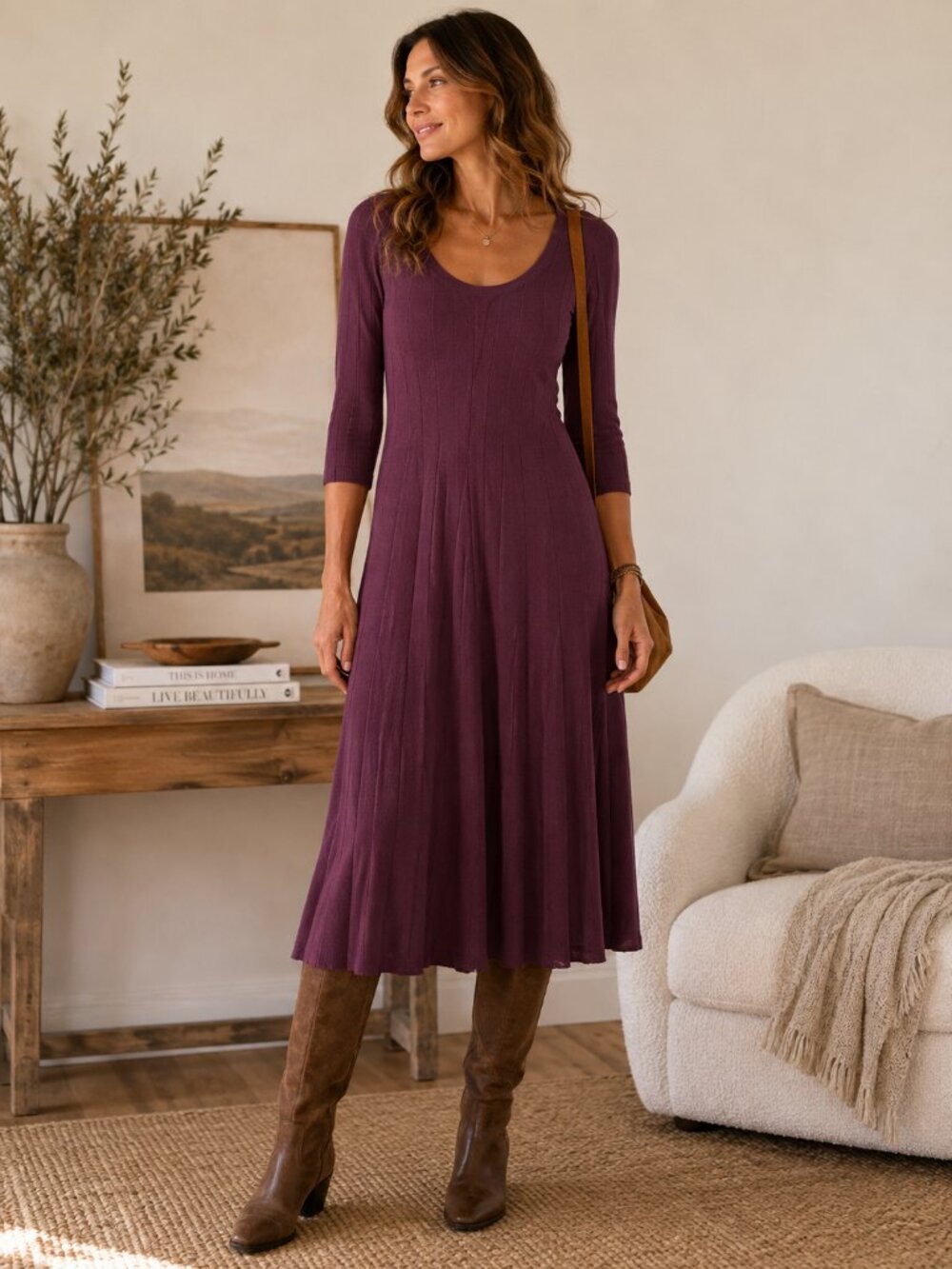 Soft Surroundings Rib Knit Swing Midi Dress Plum Purple Petite Small PS